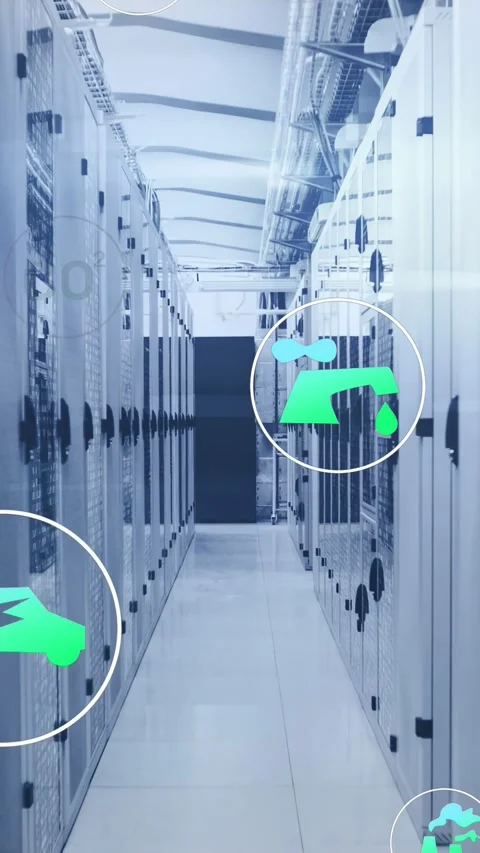 Vertical video: Sensor data sending icons over data center racks shifting up, Stock-Footage 332747796