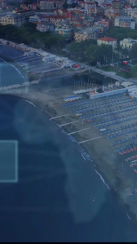 Vertical video: On sensor ping HUD boxes scanning sunbed rows and pier, mapping Stock Footage 333840312