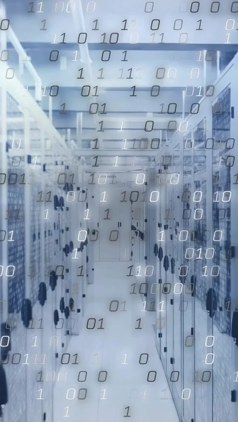 Vertical video: Server aisle filling with appearing, cascading binary digits, Stock Footage 329840377