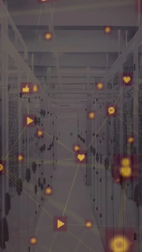 Vertical video: Server aisle showing nodes and icons forming network while Stock Footage 332806546