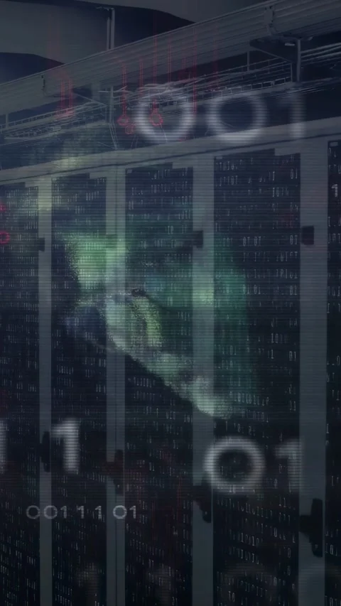 Vertical video: Server bank on input, projecting admin face hologram across Stock Footage 332869072