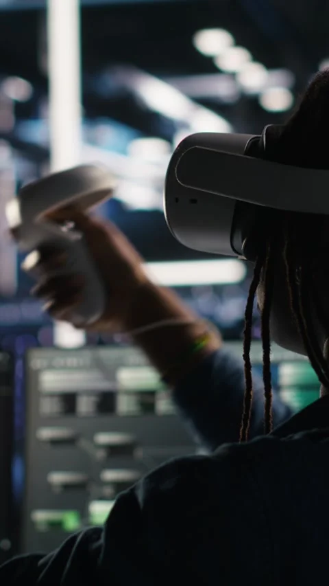 Vertical video Server farm admin using VR equipment and node tree systems Stock Footage 308752983