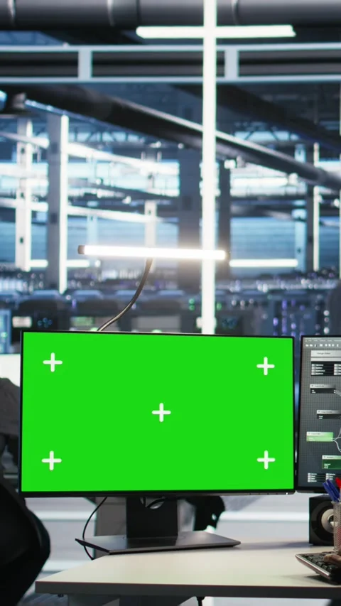 Vertical video Server farm engineer using node tree systems on green screen PC 動画素材 308755889