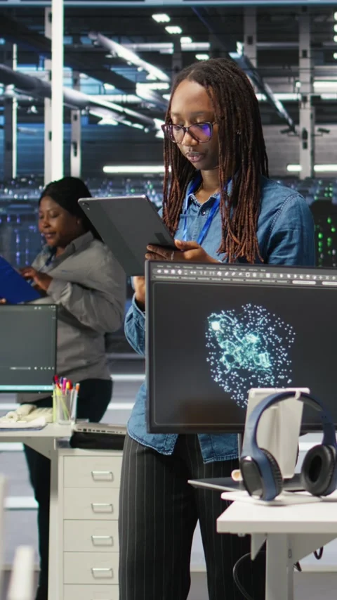 Vertical video Server farm engineering team using AI algorithms and node tree Stock-Footage 308752805