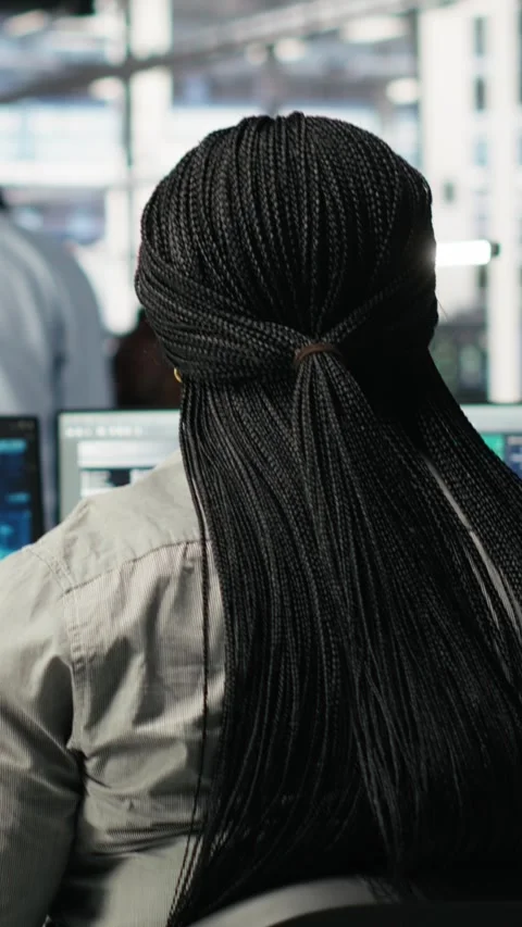 Vertical video Server farm IT specialist using PC to apply artificial Stock Footage 308753436