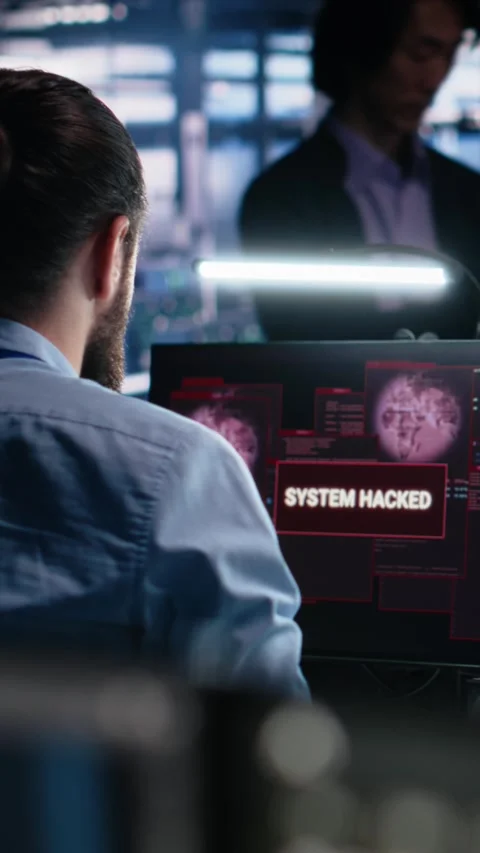 Vertical video Server farm programmers seeing hacking warning, working to secure Stock Footage 313456102