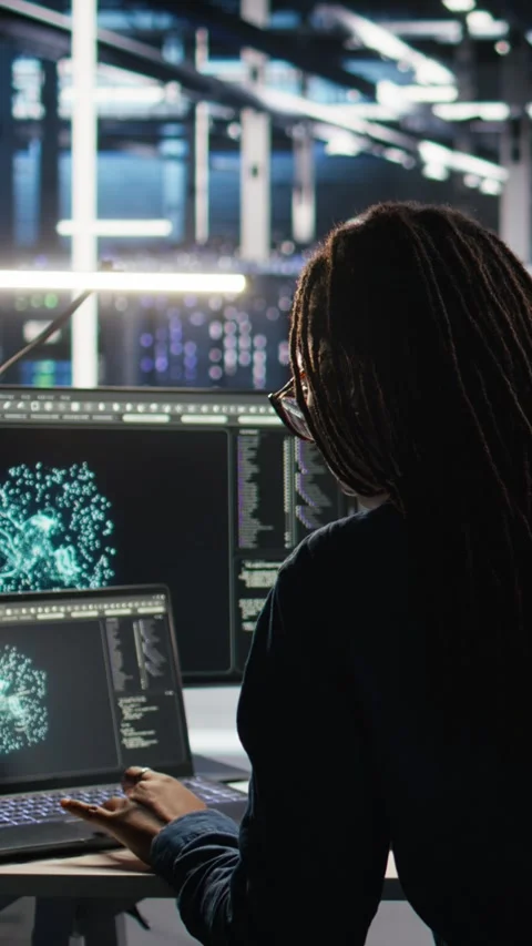 Vertical video Server farm software developer interprets AI generated data Stock Footage 307971121