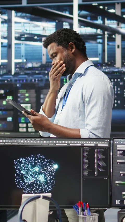 Vertical video Server farm technician using AI algorithms and node tree systems Stock Footage 307969999