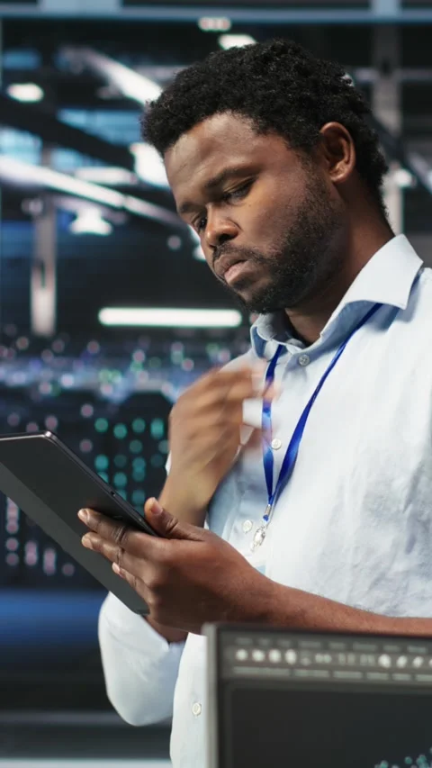 Vertical video Server farm technician using AI algorithms and node tree systems Stock-Footage 308753382