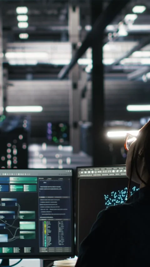 Vertical video Server hub engineering team working together, using node tree 스톡 동영상 307971273