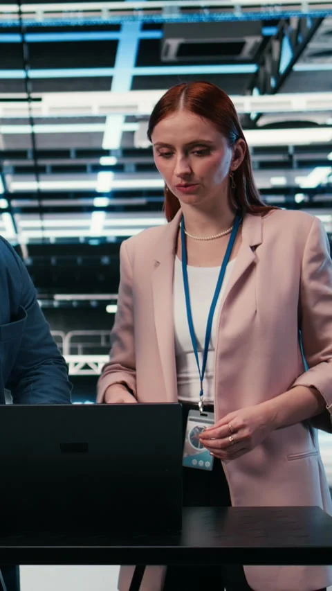 Vertical video Server hub engineering team using laptop to monitor power Stock Footage 330376024