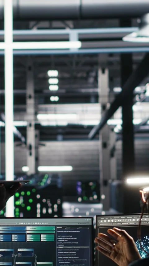 Vertical video Server hub manager talking with programmer using node tree Stock Footage 308755450