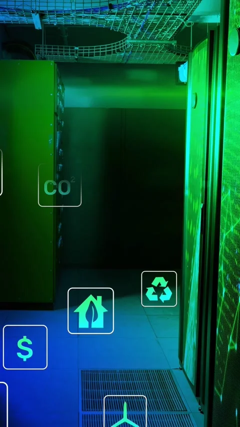 Vertical video: Server panel receiving data, projecting floating icons showing Stock Footage 332823132