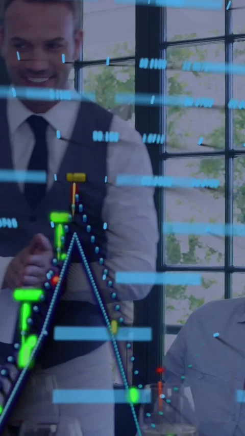 Vertical video: Server presenting dish causing data graph rising above dining Stock Footage 331720866