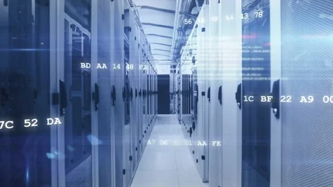 Vertical video: Server-rack aisle moving forward blue-lit while overlays Stock Footage 332686148