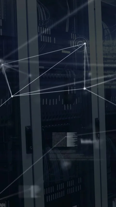 Vertical video: Server rack in data center, overlays fading in, pulsing nodes Stock Footage 333006209