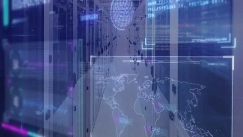 Vertical video: Server rack moving, HUD overlaying animated map after network Stock Footage 332685868