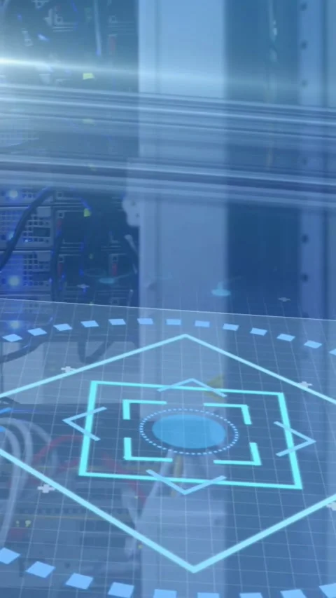 Vertical video: Server rack showing network status after cyan flare sweep, HUD Stock Footage 334397042