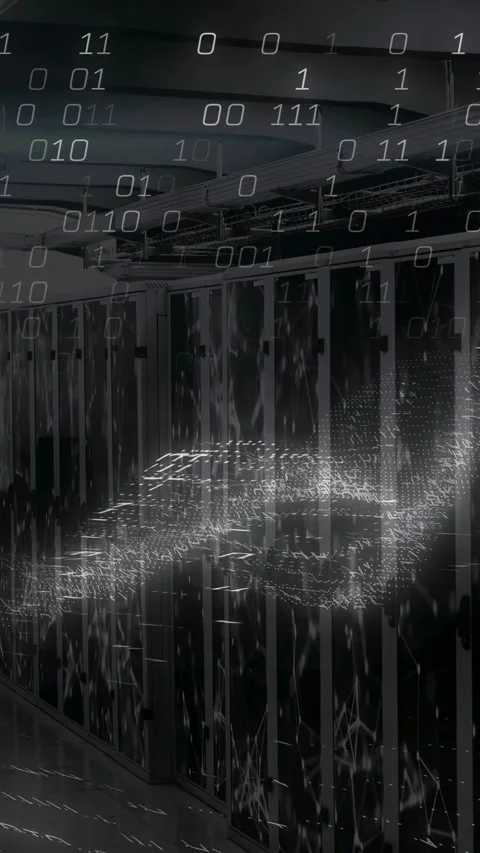 Vertical video: Server racks in aisle, data stream sparking binary waves over Stock Footage 332806282