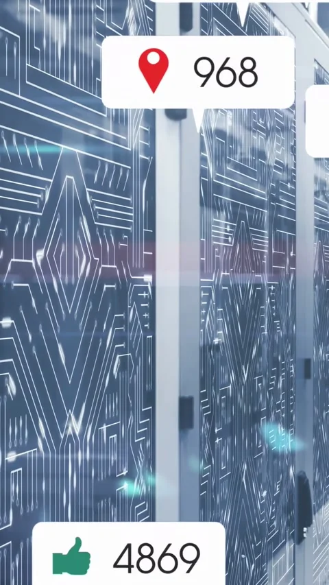 Vertical video: Server racks centered, incoming events causing badges popping Stock Footage 332806372