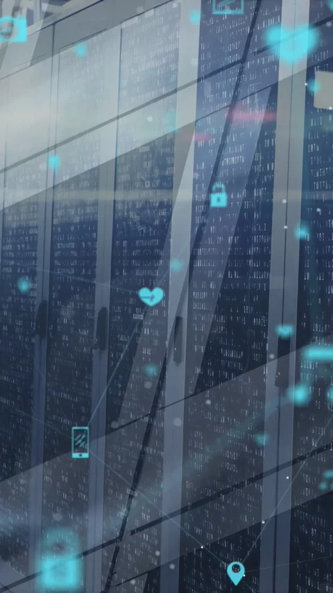 Vertical video: Server racks getting data and showing icons linking locks on Video stock 332747965