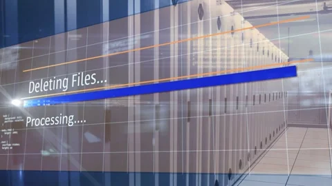Vertical video: Server racks lining datacenter as Processing showing deleting Stock Footage 332746964