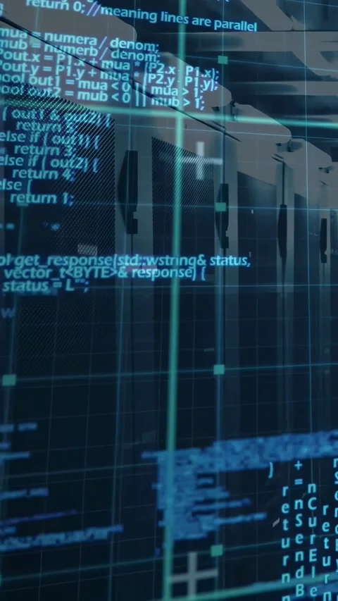 Vertical video: Server racks receiving scan, showing scrolling code, shifting Stock Footage 332594873