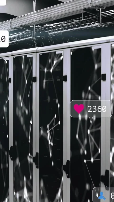Vertical video: Server racks showing node map, icon bubbles popping as events Stock Footage 331333886