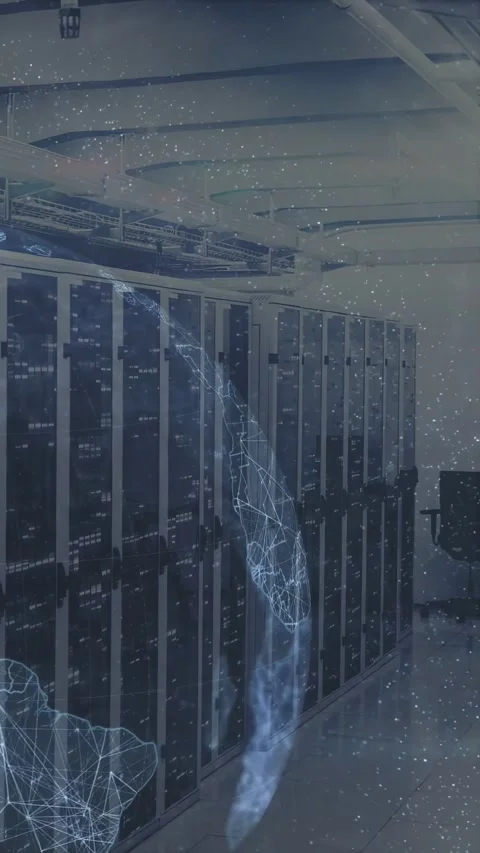 Vertical video: Server racks showing 3D globe after ping, particle stream Stock Footage 332594988