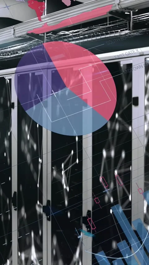 Vertical video: Server racks showing node network, % markers and expanding pie Vidéo 333005960