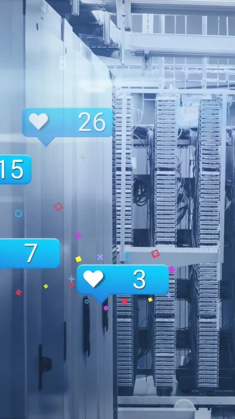 Vertical video: Server racks staying steady in data center, blue bubble entering Stock Footage 332748029