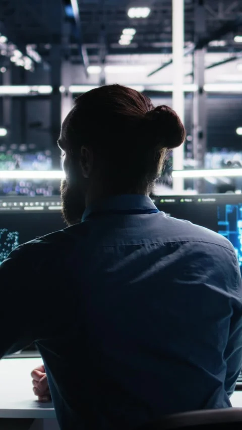 Vertical video Server room software developer using AI to review infrastructure Stock Footage 313507711
