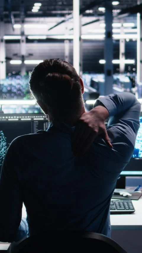 Vertical video Server room technician stretching sore back while using AI at Stock Footage 313456456
