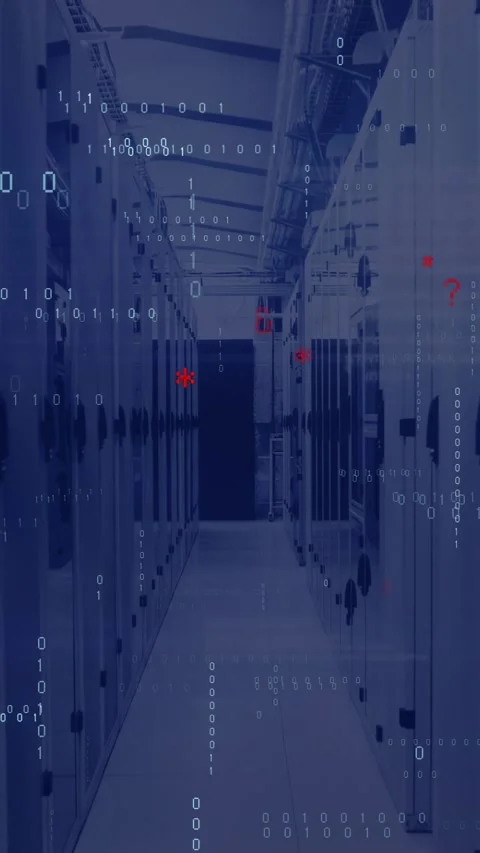 Vertical video: Server row showing binary surge spawning overlays, code cascade, Stock Footage 332595017