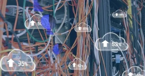 Vertical video: Servers initiating sync, messy cables sending data while cloud Stock Photos