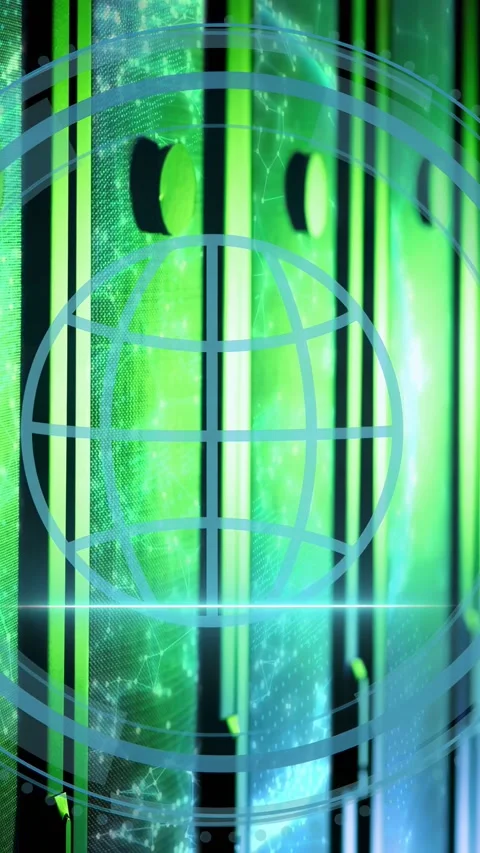 Vertical video: Servers powering and drawing radar rings and globe overlay for Stock Footage 332984855