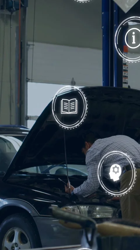 Vertical video: Service tech lifting hood, using rod checking oil while AR icons Vídeos de archivo 332747525
