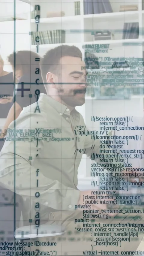 Vertical video: She adjusting chair, man sitting and coding while tech overlay 스톡 동영상 334397194