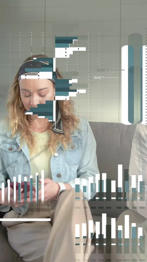 Vertical video: She on phone, he on tablet talking tech, graphs overlaying Stock Footage 334128087