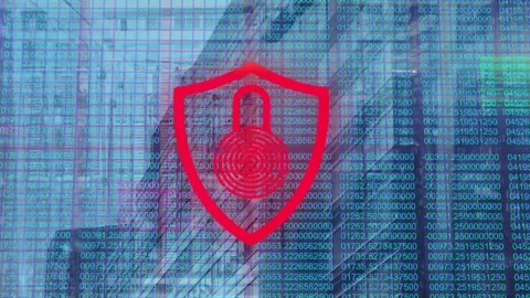 Vertical video: Shield emblem pulsing fingerprint over city while responding to Stock Footage 332685895