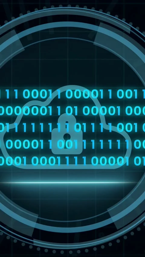 Vertical video: Shield reveal starting CyberSec HUD rotating bits forming cloud Stock Footage 334792863