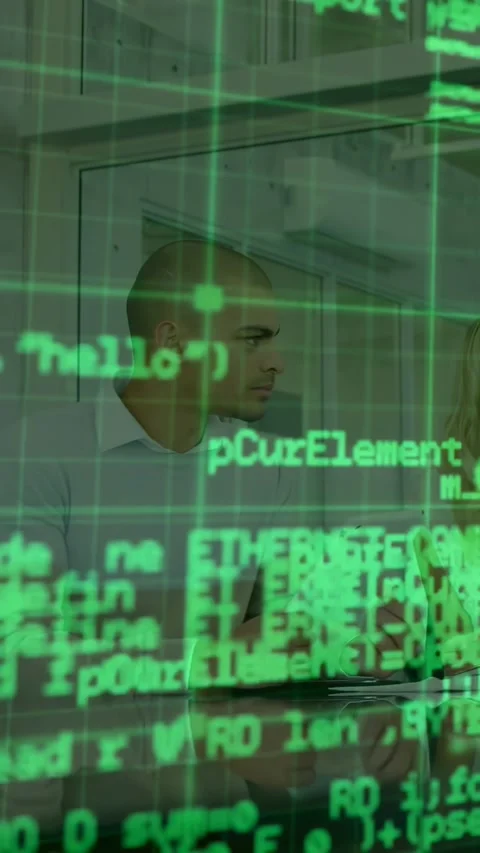 Vertical video: Shifting green code exposing man white-shirt turning, discussing Stock Footage 330655371