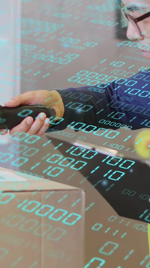 Vertical video: Shipper taking scanner scanning box, checking log with binary Stock Footage 333465300