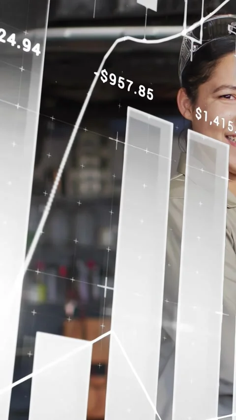 Vertical video: Shop tech standing right animated graphs appearing showing sales Stock Footage 333513278