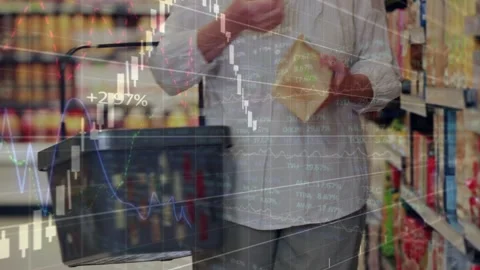 Vertical video: Shopper reaching shelf examining box while finance graphs Stock Footage 332804380