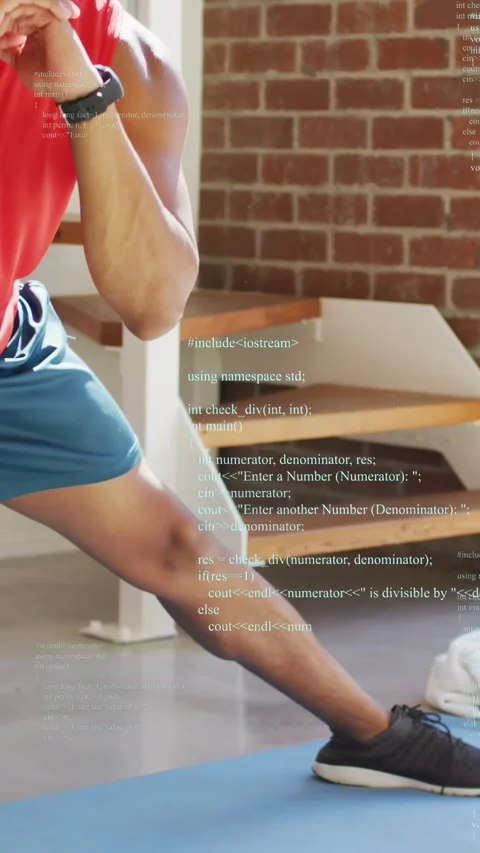 Vertical video: Shot starting low, man doing lunges on mat while code overlay Stock Footage 333821211
