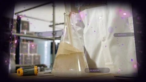 Vertical video: Showing AR tags urging whitecoat tech testing flask at lab bench Stock Footage 333830307