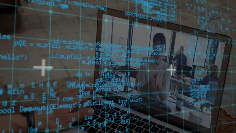 Vertical video: Showing laptop screen, man in tee at desk, code grid rising, Stock Footage 331713559