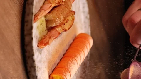 Vertical video shrimp dish sprinkled with cheese traditional japanese cuisine Stock Footage 176390976