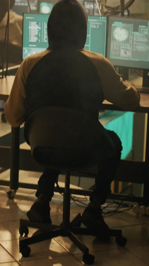 Vertical video: Silhouette of hacker coding encryption to plant trojan virus Stock Footage 227665502